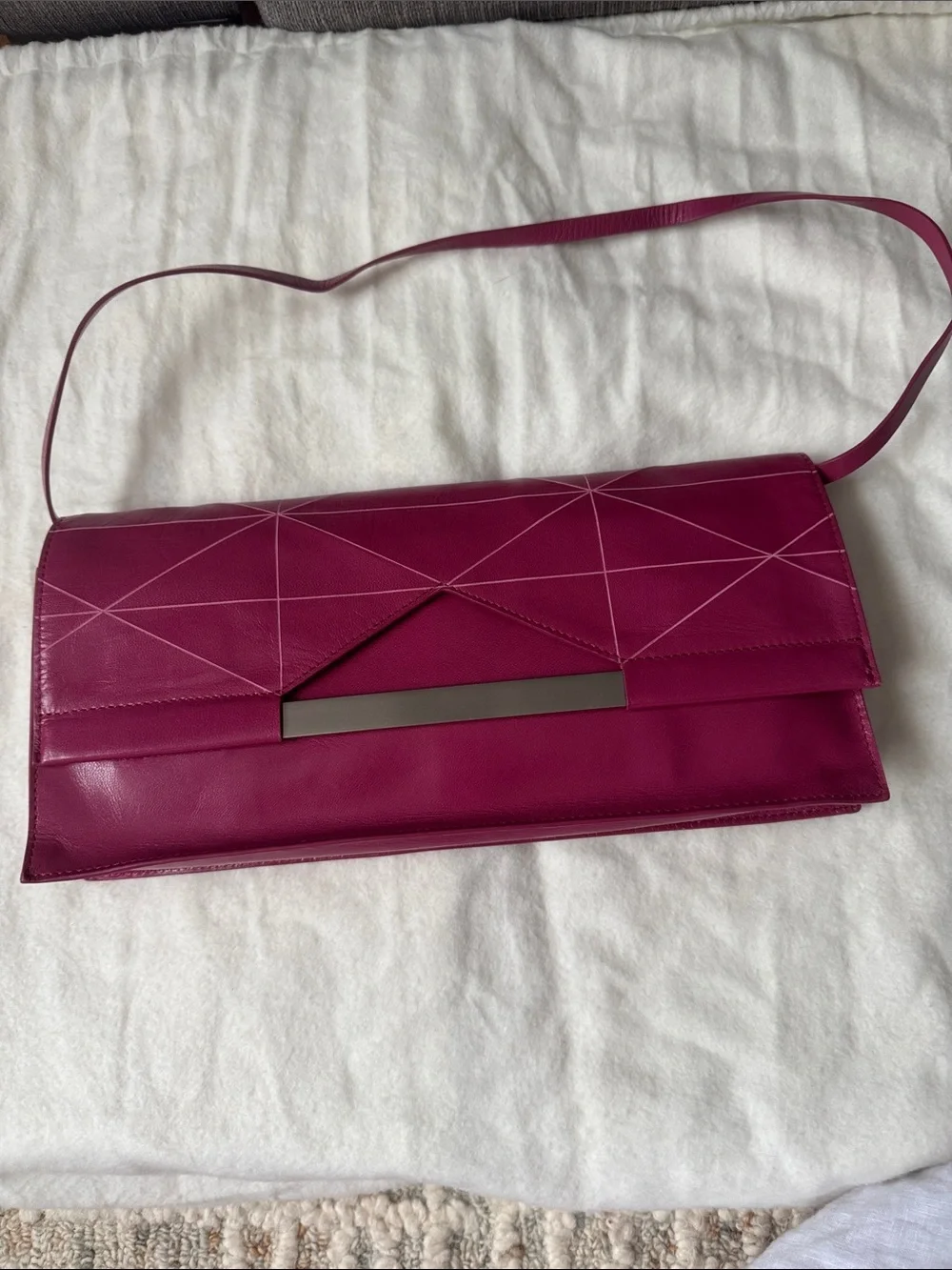 Via Spiga Magenta Geometric Leather Clutch with Metal Bar